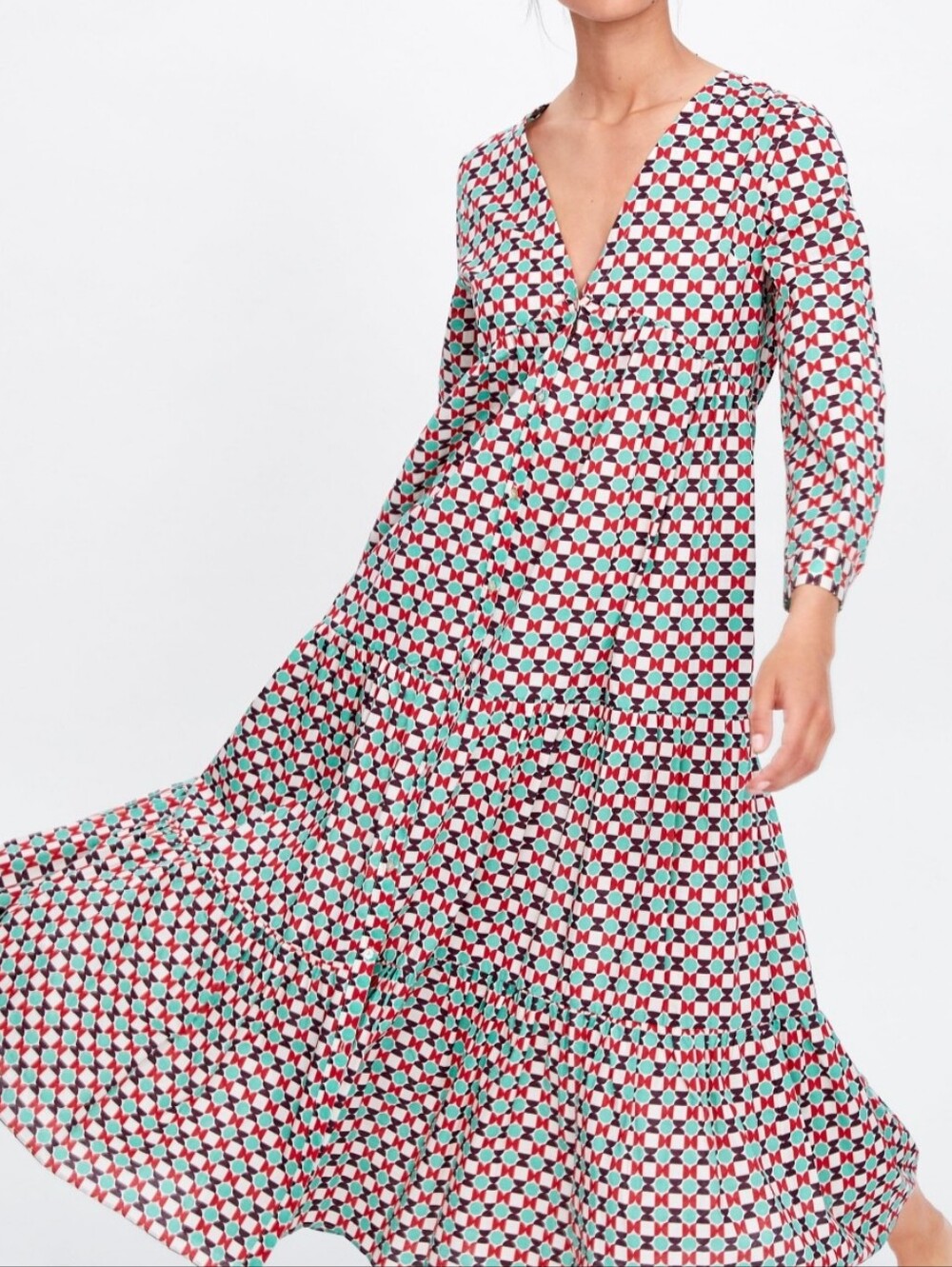 Zara Geometric Print Tiered Midi Dress L 3/4 Sleeve Lightweight V-neck Button Up
